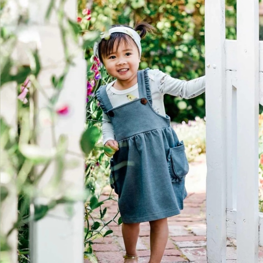MILKBARN Overall Baby Girl Ruffle Dress Denim Blue Gray • 12-18 Months